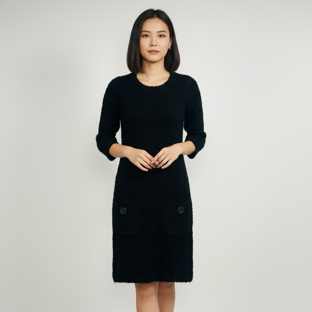 PAPILLON‎ Black Texture Knit Cable Dress Soft Chunky Acrylic Wool Blend Pocketed